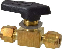 Parker - 1/4" Pipe, Brass, Inline, Two Way Flow, Instrumentation Ball Valve - 2,500 psi WOG Rating, Wedge Handle, PFA Seat - Exact Tool & Supply