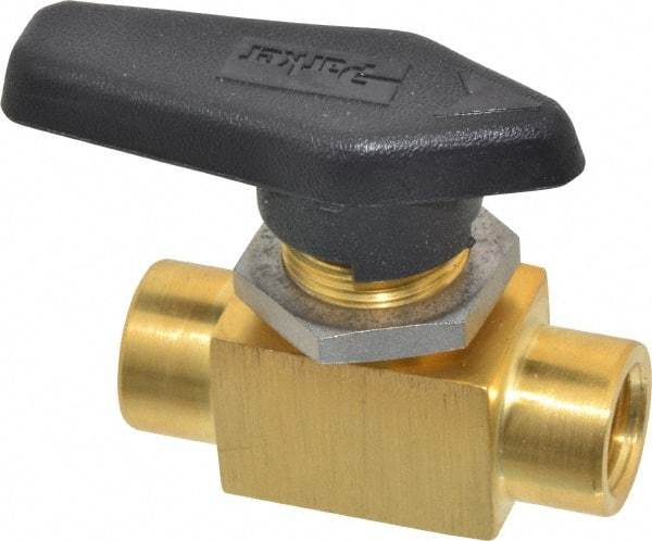 Parker - 1/4" Pipe, FNPT x FNPT End Connections, Brass, Inline, Two Way Flow, Instrumentation Ball Valve - 3,000 psi WOG Rating, Wedge Handle, PFA Seat - Exact Tool & Supply