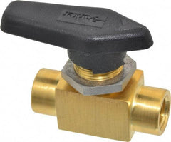 Parker - 1/4" Pipe, FNPT x FNPT End Connections, Brass, Inline, Two Way Flow, Instrumentation Ball Valve - 3,000 psi WOG Rating, Wedge Handle, PFA Seat - Exact Tool & Supply