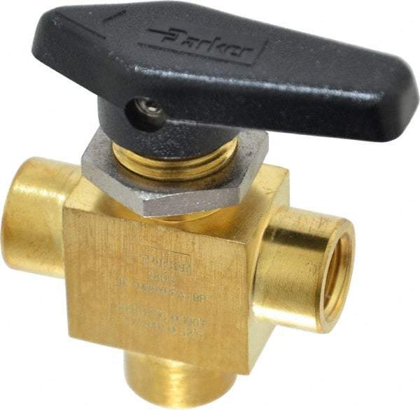 Parker - 1/4" Pipe, FNPT x FNPT x FNPT End Connections, Brass, Three Way, Instrumentation Ball Valve - 3,000 psi WOG Rating, Wedge Handle, PFA Seat - Exact Tool & Supply