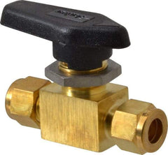 Parker - 3/8" Pipe, Brass, Inline, Two Way Flow, Instrumentation Ball Valve - 3,000 psi WOG Rating, Wedge Handle, PFA Seat - Exact Tool & Supply