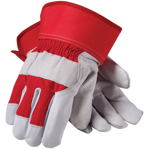 ‎87-1944/L Grain Leather Palm Gloves - Top Grain Goatskin - Premium Grade - Red Fabric Back - Rubberized SC - Exact Tool & Supply