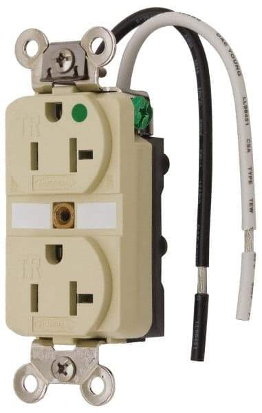 Hubbell Wiring Device-Kellems - 125 VAC, 20 Amp, 5-20R NEMA Configuration, Ivory, Hospital Grade, Self Grounding Duplex Receptacle - 1 Phase, 2 Poles, 3 Wire, Flush Mount, Chemical, Corrosion and Impact Resistant, Tamper Resistant - Exact Tool & Supply