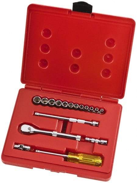 Proto - 17 Piece 1/4" Drive Full Polish Finish Socket Set - 6 Points, 4mm to 14mm Range, Metric Measurement Standard - Exact Tool & Supply