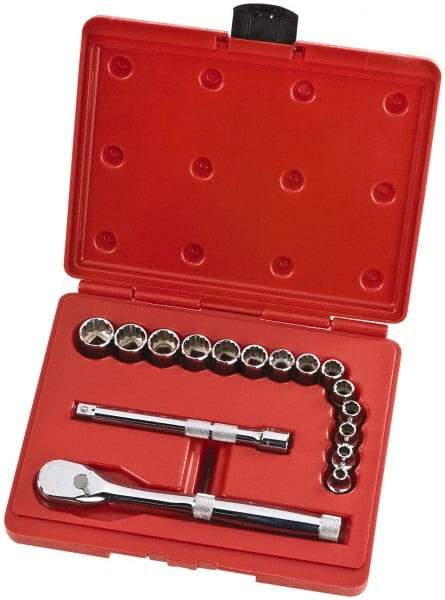 Proto - 16 Piece 3/8" Drive Full Polish Finish Socket Set - 12 Points, 6mm to 19mm Range, Metric Measurement Standard - Exact Tool & Supply
