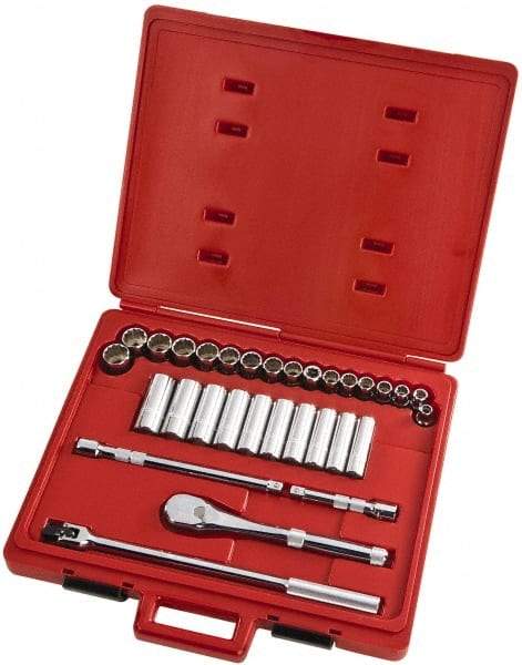 Proto - 31 Piece 1/2" Drive Full Polish Finish Deep Well Socket Set - 12 Points, 10mm to 26mm Range, Metric Measurement Standard - Exact Tool & Supply