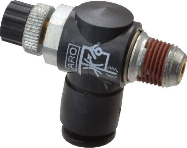 ARO/Ingersoll-Rand - 1/8" Male NPT x 1/4" Female NPT Right Angle Flow Control Valve - 0 to 150 psi & Brass Material - Exact Tool & Supply