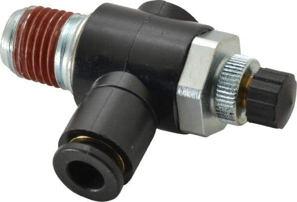 ARO/Ingersoll-Rand - 1/4" Male NPT x 1/4" Female NPT Right Angle Flow Control Valve - 0 to 150 psi & Brass Material - Exact Tool & Supply