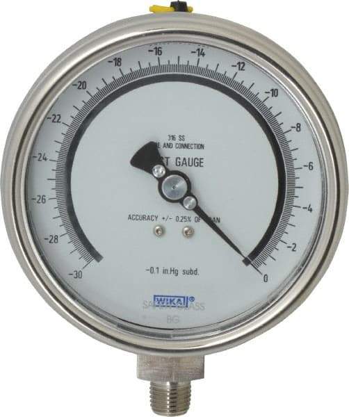 Wika - 4" Dial, 1/4 Thread, 30-0 Scale Range, Pressure Gauge - Lower Connection Mount, Accurate to 0.25% of Scale - Exact Tool & Supply