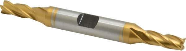Hertel - 1/4", 5/8" LOC, 3/8" Shank Diam, 3-3/8" OAL, 4 Flute, Cobalt Square End Mill - Double End, TiN Finish, Spiral Flute, 30° Helix, Centercutting, Right Hand Cut, Right Hand Flute - Exact Tool & Supply