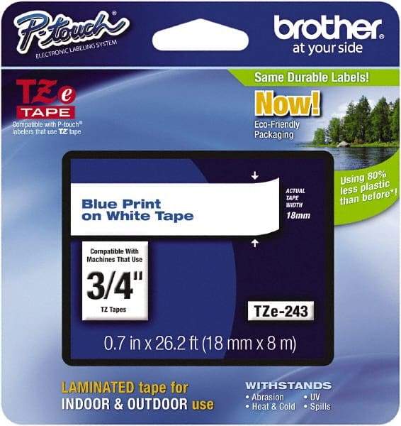 Brother - 3/4" Wide x 314.4" Long, White Plastic/Paper Tape Cassette - For Label Maker - Exact Tool & Supply