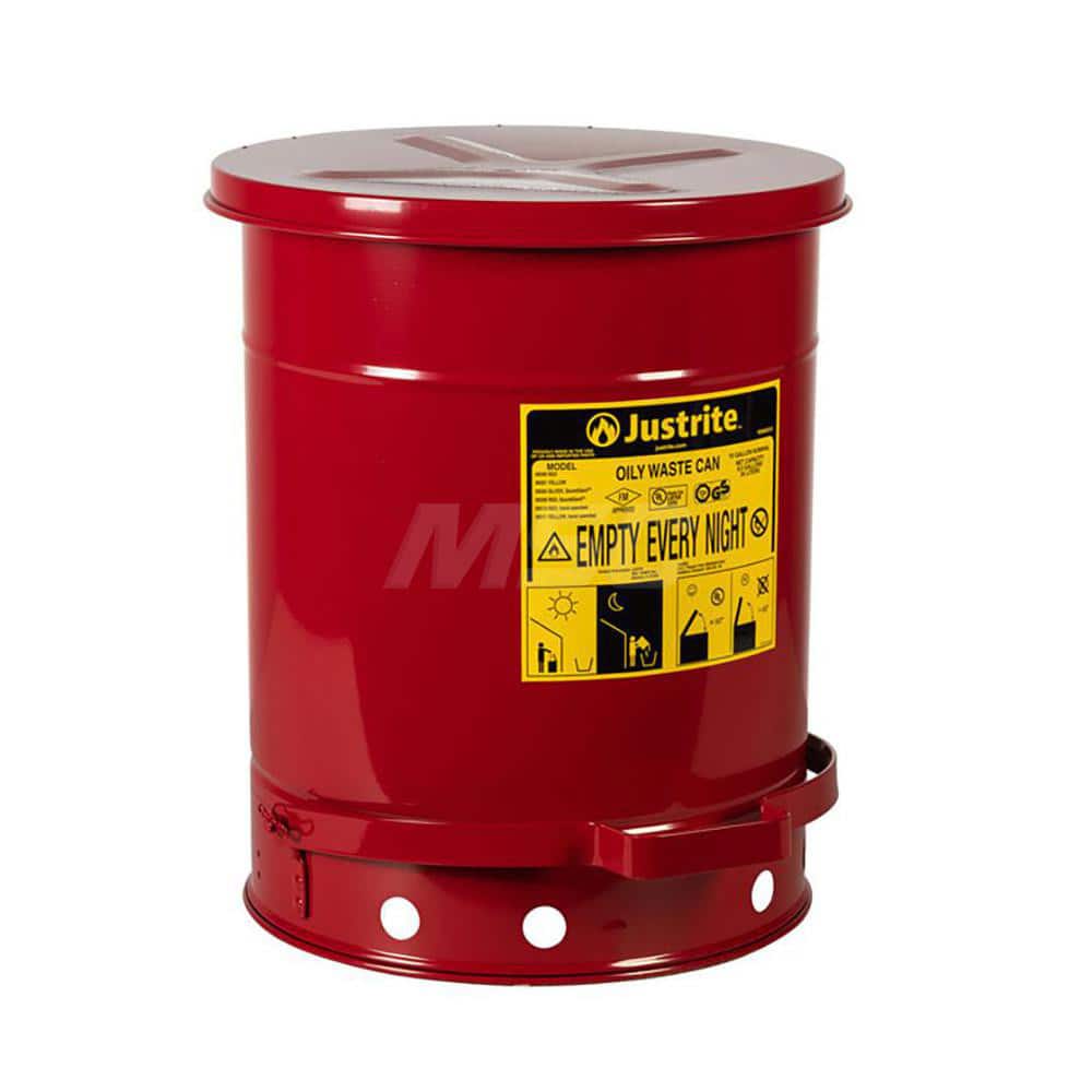 Justrite - Oily Waste Cans & Receptacles; Capacity (Gal.): 10.000 ; Opening Style: Foot Operated ; Color: Red ; Material: Steel ; Height (Inch): 18.25 ; Height (Decimal Inch): 18.000000 - Exact Tool & Supply