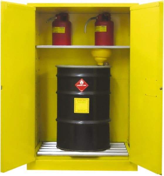 Securall Cabinets - 43" Wide x 31" Deep x 65" High, 18 Gauge Steel Vertical Drum Cabinet with 3 Point Key Lock - Yellow, Manual Closing Door, 1 Shelf, 2 Drums, Drum Rollers Included - Exact Tool & Supply