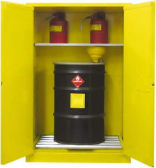 Securall Cabinets - 43" Wide x 31" Deep x 65" High, 18 Gauge Steel Vertical Drum Cabinet with 3 Point Key Lock - Yellow, Manual Closing Door, 1 Shelf, 2 Drums, Drum Rollers Included - Exact Tool & Supply