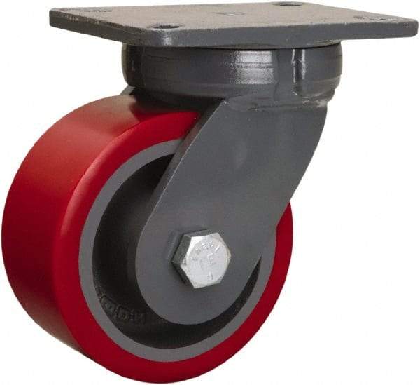 Hamilton - 6" Diam x 3" Wide x 8" OAH Top Plate Mount Swivel Caster - Polyurethane Mold onto Cast Iron Center, 2,600 Lb Capacity, Sealed Precision Ball Bearing, 5-1/4 x 7-1/4" Plate - Exact Tool & Supply