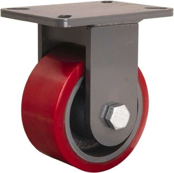 Hamilton - 6" Diam x 3" Wide x 8" OAH Top Plate Mount Rigid Caster - Polyurethane Mold onto Cast Iron Center, 2,600 Lb Capacity, Sealed Precision Ball Bearing, 5-1/4 x 7-1/4" Plate - Exact Tool & Supply
