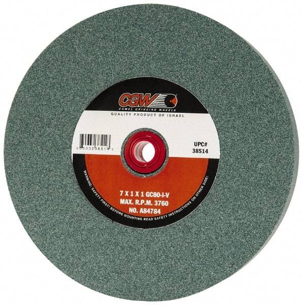 Camel Grinding Wheels - 80 Grit Silicon Carbide Bench & Pedestal Grinding Wheel - 7" Diam x 1" Hole x 1" Thick, 3760 Max RPM, I Hardness, Medium Grade , Vitrified Bond - Exact Tool & Supply