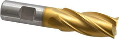 Cleveland - 7/8", 1-7/8" LOC, 3/4" Shank Diam, 4-1/8" OAL, 4 Flute, High Speed Steel Square End Mill - Single End, TiN Finish, Spiral Flute, 30° Helix, Centercutting, Right Hand Cut, Right Hand Flute, Series HG-4C - Exact Tool & Supply