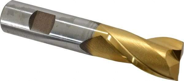 Cleveland - 7/8", 1-1/2" LOC, 3/4" Shank Diam, 4-1/8" OAL, 2 Flute, High Speed Steel Square End Mill - Single End, TiN Finish, Spiral Flute, 30° Helix, Centercutting, Right Hand Cut, Right Hand Flute, Series HG-2 - Exact Tool & Supply