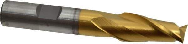 Cleveland - 35/64", 1-1/8" LOC, 1/2" Shank Diam, 3-3/8" OAL, 2 Flute, High Speed Steel Square End Mill - Single End, TiN Finish, Spiral Flute, 30° Helix, Centercutting, Right Hand Cut, Right Hand Flute, Series HG-2 - Exact Tool & Supply