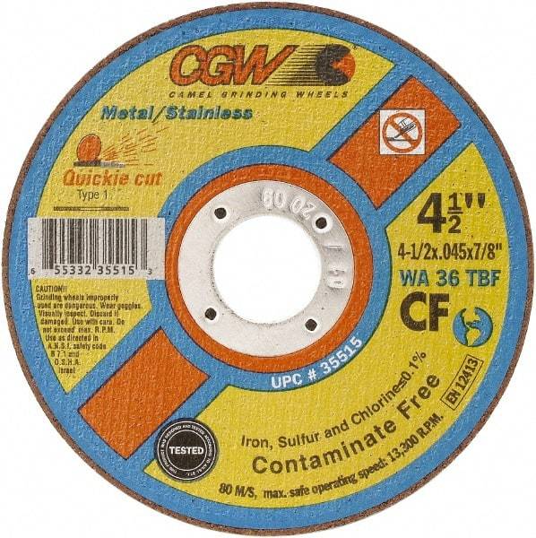 Camel Grinding Wheels - 7" 36 Grit Aluminum Oxide Cutoff Wheel - 1/16" Thick, 7/8" Arbor, 8,500 Max RPM - Exact Tool & Supply