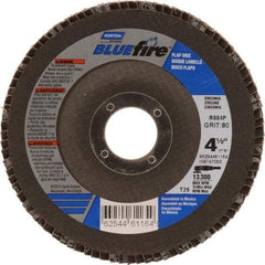 Norton - 80 Grit, 4-1/2" Disc Diam, 7/8" Center Hole, Type 29 Zirconia Alumina Flap Disc - 13,300 Max RPM, Cloth Backing, Arbor Attaching System, Coated - Exact Tool & Supply