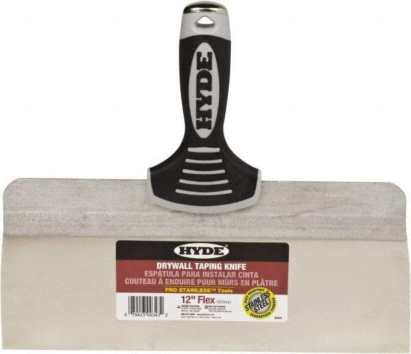 Hyde Tools - 12" Wide Spring Blade Stainless Steel Taping Knife - Flexible, Soft Grip Plastic Overmold Handle, 10-1/2" OAL - Exact Tool & Supply