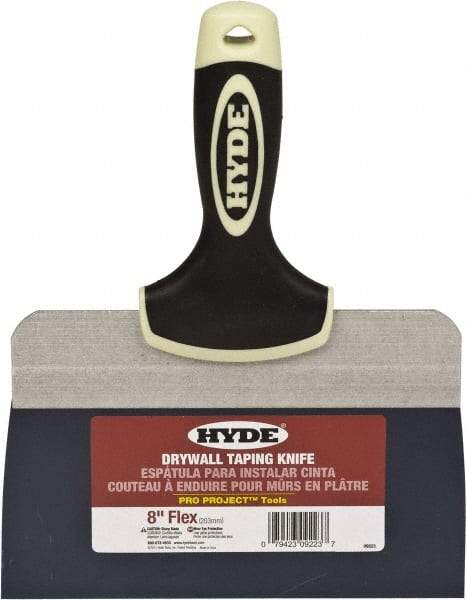 Hyde Tools - 8" Wide Spring Blade Tempered Steel Taping Knife - Flexible, Soft Grip Plastic Overmold Handle, 10-1/2" OAL - Exact Tool & Supply