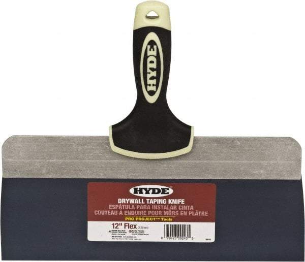 Hyde Tools - 12" Wide Spring Blade Tempered Steel Taping Knife - Flexible, Soft Grip Plastic Overmold Handle, 10-1/2" OAL - Exact Tool & Supply