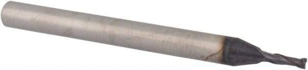 Accupro - 0.047", 0.14" LOC, 1/8" Shank Diam, 1-1/2" OAL, 2 Flute, Solid Carbide Square End Mill - Single End, TiAlN Finish, Spiral Flute, 30° Helix, Centercutting, Right Hand Cut, Right Hand Flute - Exact Tool & Supply