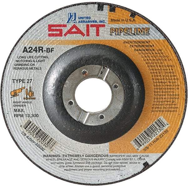 Sait - 24 Grit, 9" Wheel Diam, 1/8" Wheel Thickness, 7/8" Arbor Hole, Type 27 Depressed Center Wheel - Aluminum Oxide, Resinoid Bond, R Hardness, 6,600 Max RPM, Compatible with Angle Grinder - Exact Tool & Supply