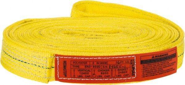 Lift-All - 16' Long x 2" Wide, 12,200 Lb Vertical Capacity, 2 Ply, Polyester Web Sling - 9,800 Lb Choker Capacity, Yellow - Exact Tool & Supply