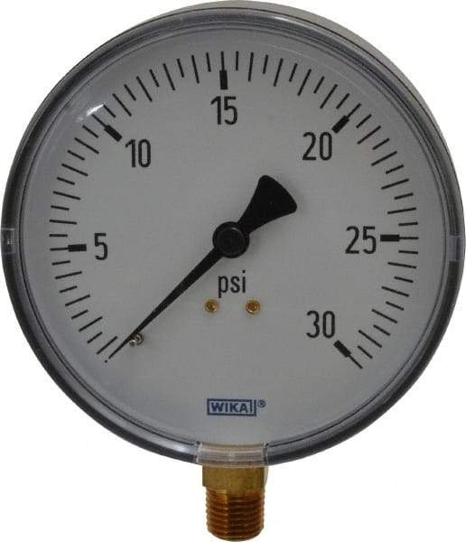 Wika - 4" Dial, 1/4 Thread, 0-30 Scale Range, Pressure Gauge - Lower Connection Mount, Accurate to 3-2-3% of Scale - Exact Tool & Supply