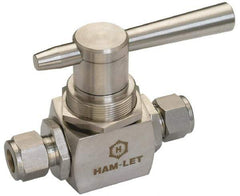 Ham-Let - 1/4" Pipe, Brass, Three Way, Instrumentation Ball Valve - 3,000 psi WOG Rating, Tee Handle, PTFE Seal, PTFE Seat, Swaglok B-42XS4 - Exact Tool & Supply