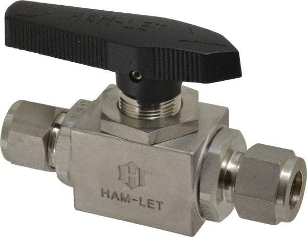 Ham-Let - 1/2" Pipe, Stainless Steel, Inline, Two Way Flow, Instrumentation Ball Valve - 3,000 psi WOG Rating, Tee Handle, PTFE Seal, PTFE Seat, Swaglok SS-45S8 - Exact Tool & Supply