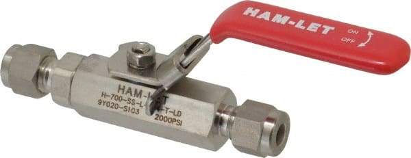 Ham-Let - 1/4" Pipe, Compression x Compression End Connections, Stainless Steel, Inline, Two Way Flow, Instrumentation Ball Valve - 2,000 psi WOG Rating, Locking Lever Handle, Reinforced PTFE Seal, Reinforced PTFE Seat - Exact Tool & Supply