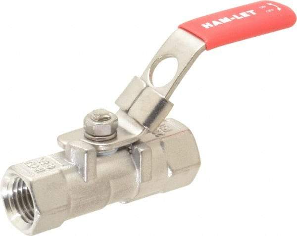 Ham-Let - 1/4" Pipe, FNPT x FNPT End Connections, Stainless Steel, Inline, Two Way Flow, Instrumentation Ball Valve - 2,000 psi WOG Rating, Locking Lever Handle, Reinforced PTFE Seal, Reinforced PTFE Seat - Exact Tool & Supply