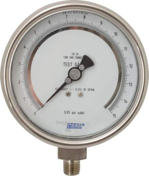 Wika - 4" Dial, 1/4 Thread, 0-15 Scale Range, Pressure Gauge - Lower Connection Mount, Accurate to 0.25% of Scale - Exact Tool & Supply