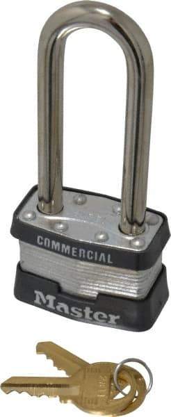 Master Lock - 2-1/2" Shackle Clearance, Keyed Different Padlock - 3/4" Shackle Width, 5/16" Shackle Diam, Laminated Steel - Exact Tool & Supply