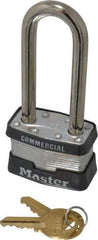 Master Lock - 2-1/2" Shackle Clearance, Keyed Different Padlock - 3/4" Shackle Width, 5/16" Shackle Diam, Laminated Steel - Exact Tool & Supply