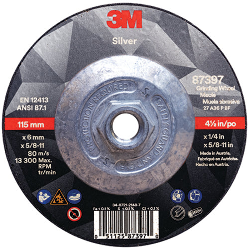 ‎3M Silver Depressed Center Grinding Wheel 87397 T27 Quick Change 4.5″ × 1/4″ × 5/8-11 - Exact Tool & Supply
