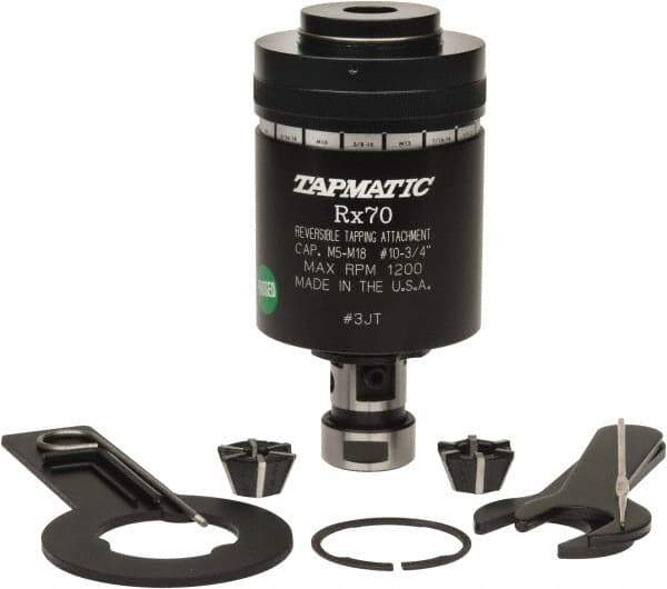 Tapmatic - Model RX70, M5 Min Tap Capacity, M18 Max Mild Steel Tap Capacity, JT3 Mount Tapping Head - 24100 (J441), 24500 (J445) Compatible, Includes Tap Clamping Wrenches and 2 collets, for Manual Machines - Exact Tool & Supply