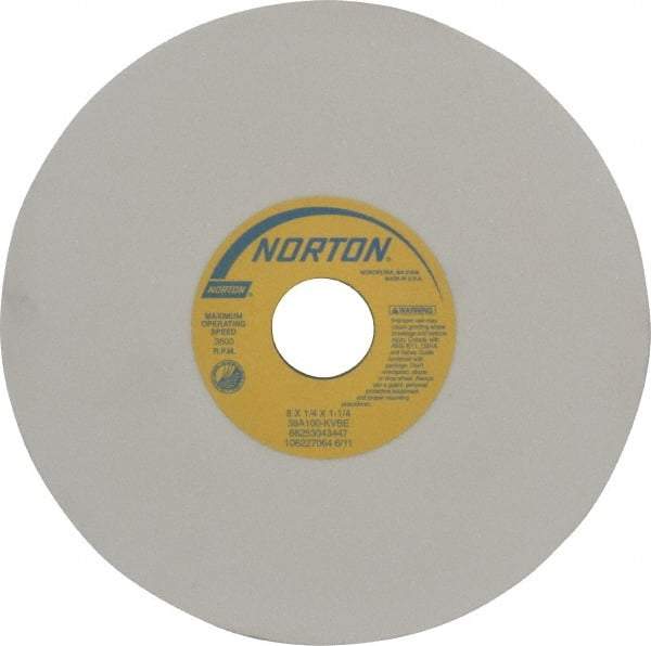 Norton - 8" Diam x 1-1/4" Hole x 1/4" Thick, K Hardness, 100 Grit Surface Grinding Wheel - Aluminum Oxide, Type 1, Fine Grade, 3,600 Max RPM, Vitrified Bond, No Recess - Exact Tool & Supply