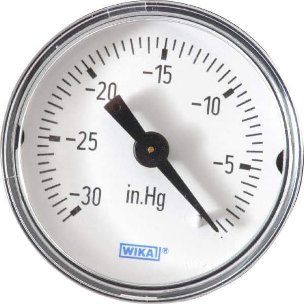 Wika - 1-1/2" Dial, 1/8 Thread, 30-0 Scale Range, Pressure Gauge - Center Back Connection Mount, Accurate to 3-2-3% of Scale - Exact Tool & Supply