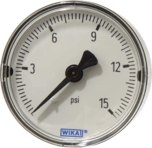 Wika - 2" Dial, 1/4 Thread, 0-15 Scale Range, Pressure Gauge - Center Back Connection Mount, Accurate to 3-2-3% of Scale - Exact Tool & Supply