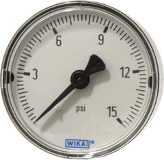 Wika - 2" Dial, 1/4 Thread, 0-15 Scale Range, Pressure Gauge - Center Back Connection Mount, Accurate to 3-2-3% of Scale - Exact Tool & Supply