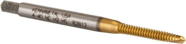 Kennametal - #4-40 UNC, 2 Flute, TiN Finish, High Speed Steel Spiral Point Tap - Plug Chamfer, Right Hand Thread, 1.88" OAL, 9/16" Thread Length, 0.141" Shank Diam, 2B/3B Class of Fit - Exact Tool & Supply