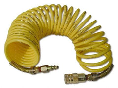 Coilhose Pneumatics - 3/8" ID, 3/8 Thread, 12' Long, Yellow Nylon Coiled & Self Storing Hose - 165 Max psi, Industrial Interchange Coupler x Male Swivel - Exact Tool & Supply