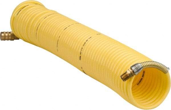 Coilhose Pneumatics - 1/4" ID, 1/4 Thread, 50' Long, Yellow Nylon Coiled & Self Storing Hose - 185 Max psi, Industrial Interchange Coupler x Male Swivel - Exact Tool & Supply