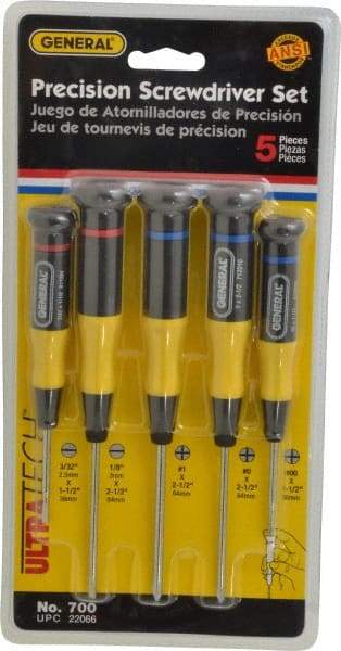 General - 5 Piece Phillips & Slotted Screwdriver Set - Electrician Shank, Plastic Handle, Blade Sizes: Length 1-1/2 & 2-1/2, Bit Sizes: Philips #00 to #1, Tip Thickness: 3/32 & 1/8 - Exact Tool & Supply
